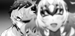  1boy 1girl anger_vein angry blurry_foreground castor_(fate/grand_order) fate/grand_order fate_(series) greyscale monochrome no-kan pollux_(fate/grand_order) shaded_face siblings smile twins wreath 