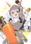  1girl animal_ear_fluff animal_ears arm_up armor bangs blue_hair blush braid bunny_ears carrot_hair_ornament commentary_request crossover eyebrows_visible_through_hair fist_pump food food_themed_hair_ornament gauntlets greaves hair_ornament helmet highres holding holding_food hololive joker_(tomakin524) looking_at_viewer makaimura multicolored_hair open_mouth orange_eyes oversized_food plate_armor round_teeth smile solo streaked_hair symbol-shaped_pupils teeth thick_eyebrows twintails two-tone_hair upper_teeth usada_pekora virtual_youtuber white_hair 