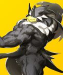  anthro big_muscles crotch_tuft fur grey_body grey_fur huge_muscles kuroma legendary_pok&eacute;mon looking_at_viewer male muscular muscular_male nintendo pok&eacute;mon pok&eacute;mon_(species) rapid_strike_style_urshifu simple_background solo tuft urshifu vein video_games yellow_background 