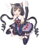  1girl @_@ animal_ear_fluff animal_ears bare_shoulders black_hair black_legwear cat_ears cat_tail commentary_request detached_sleeves drill_hair eyebrows_visible_through_hair full_body garter_straps green_eyes highres kyaru_(princess_connect) long_hair looking_at_viewer low_twintails multicolored_hair nryk28 open_mouth princess_connect! princess_connect!_re:dive simple_background sitting solo streaked_hair tail thighhighs translation_request twintails wavy_mouth white_background white_hair 