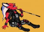  animal_crossing anthro bracelet butterfly_net chameleon choker curled_tail flick_(animal_crossing) goth jewelry lizard male necklace nintendo red_body red_scales reptile scales scalie sitting solo spiked_bracelet spikes video_games 
