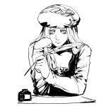  1girl beret closed_mouth greyscale hand_up hat holding ink_bottle long_hair long_sleeves monochrome priscilla_(the_witcher) quill ruukii_drift shirt simple_background solo the_witcher_3 thinking upper_body white_background 
