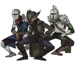  3boys armor bearer_of_the_curse bloodborne boots breastplate brown_footwear chosen_undead coat covered_mouth crossover dancing dark_souls dark_souls_ii fur_trim gauntlets hat helmet hunter_(bloodborne) jojo_no_kimyou_na_bouken male_focus mask mouth_mask multiple_boys open_clothes open_coat parody ruukii_drift simple_background souls_(from_software) standing tricorne vento_aureo waist_cape white_background 
