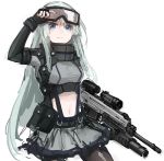  1girl blue_eyes cowboy_shot cz-805 cz-805_(girls_frontline) fingerless_gloves girls_frontline gloves goggles goggles_on_head grey_hair grey_skirt gun hand_on_goggles holding holding_weapon long_hair looking_at_viewer miniskirt navel navel_cutout pantyhose pouch rampart1028 rifle sidelocks simple_background skirt solo weapon white_background 