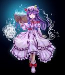  1girl aura bangs blue_bow book bow coat dress full_body fuwatoro_(enemy-of-society) grimoire hair_bow hat highres holding holding_book hydrokinesis long_hair looking_at_viewer mob_cap neck_ribbon overcoat patchouli_knowledge purple_dress purple_eyes purple_hair purple_headwear red_bow red_neckwear ribbon shoe_bow shoes solo striped striped_dress touhou water 