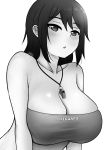  1girl absurdres breasts cleavage collarbone english_text highres large_breasts looking_at_viewer monochrome open_mouth original short_hair sketch strapless sun the_only_shoe tubetop whistle 