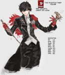  1boy adapted_costume amamiya_ren capelet chain character_name coat cowboy_shot crossover dagger english_text fire_emblem fire_emblem:_three_houses gun handgun highres medallion motion_lines overcoat persona persona_5 pistol simple_background spinning weapon yrfreakyneighbr 