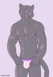  2020 abs absurd_res anthro bulge clothing felid fur grey_body grey_fur grey_tail hi_res licking licking_lips looking_at_viewer male mammal monotone_body monotone_ears monotone_fur monotone_tail multicolored_clothing multicolored_underwear navel nipples pink_tongue self_lick shiuk simple_background solo teeth text tongue tongue_out two_tone_clothing two_tone_underwear underwear url 
