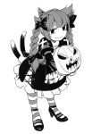  1girl :3 animal_ears bangs blunt_bangs bow braid cat_ears child closed_mouth dress full_body greyscale hair_bow high_heels highres holding juliet_sleeves kaenbyou_rin long_sleeves looking_at_viewer monochrome multiple_tails nekomata pantyhose puffy_sleeves pumpkin ruukii_drift simple_background smile solo standing striped striped_legwear tail touhou twin_braids two_tails white_background younger 