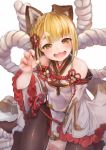  1girl :3 animal_ears bangs bare_shoulders blonde_hair blunt_bangs blurry blush braid breasts brown_eyes brown_legwear claw_pose clenched_hand commentary_request depth_of_field detached_sleeves dog_ears erune eyebrows_visible_through_hair french_braid granblue_fantasy hair_ornament highres japanese_clothes looking_at_viewer nigo open_mouth pantyhose rope shimenawa short_hair sitting small_breasts smile solo vajra_(granblue_fantasy) wariza white_background wide_sleeves 