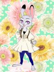  2020 3:4 anthro barefoot clothed clothing dipstick_ears disney female flower fully_clothed fur grey_body grey_fur halu3xyz hi_res judy_hopps lagomorph leporid mammal multicolored_ears open_mouth open_smile plant purple_eyes rabbit smile solo zootopia 