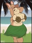  2020 accessory anthro big_breasts black_border border bra breasts cleavage clothed clothing cloud coconut coconut_bra deep_navel dewlap_(anatomy) dipstick_ears drupe_(fruit) eyes_closed fangs female flower flower_in_hair food fruit fur grass grass_skirt hair hair_accessory hands_behind_back hands_behind_head hazel_(shakotanbunny) hi_res huge_breasts hula lagomorph leporid mammal multicolored_ears navel open_mouth open_smile outside palm_trees plant rabbit sea shakotanbunny signature sky slightly_chubby smile solo standing tan_body tan_fur underwear water 