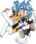  1girl 2boys animal_ears bare_shoulders big_hair black_fur blue_eyes blue_hair blue_headwear blush breasts cabbit capcom cat_ears cat_tail fang felicia goggles guntz hand_on_headwear highres jacket kaze_no_klonoa klonoa multiple_boys one_eye_closed open_mouth pointy_ears red_footwear red_jacket smile tail thighs vampire_(game) white_fur 