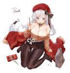  1girl aran_sweater azur_lane belfast_(azur_lane) belfast_(shopping_with_the_head_maid)_(azur_lane) black_skirt breasts brown_sweater bxr chocolate choker cleavage commentary earrings food food_between_breasts food_in_mouth holding holding_food holding_pocky hoop_earrings jewelry large_breasts long_hair maid mouth_hold off-shoulder_sweater off_shoulder pantyhose pencil_skirt pocky red_headwear red_nails sitting skirt sweater white_hair 