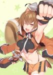  1girl animal_ears blazblue breasts brown_eyes brown_hair fingerless_gloves gloves makoto_nanaya medium_breasts midriff miniskirt one_eye_closed orange_skirt revealing_clothes skirt smile solo squirrel_ears squirrel_tail tail underboob uzukinoko 