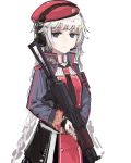  1girl beret black_dress black_neckwear blue_eyes blue_jacket braid closed_mouth dress girls_frontline gun hat headset highres holding holding_weapon jacket looking_at_viewer neckerchief open_clothes open_jacket ots-12 ots-12_(girls_frontline) rampart1028 red_dress red_headwear simple_background solo twin_braids two-tone_dress weapon white_background white_hair 