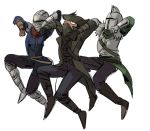  3boys armor assassin&#039;s_creed_(series) bearer_of_the_curse bloodborne boots breastplate brown_footwear chosen_undead coat covered_mouth crossover dancing dark_souls dark_souls_ii fur_trim gauntlets hat helmet hunter_(bloodborne) jojo_no_kimyou_na_bouken jumping male_focus mask mouth_mask multiple_boys open_clothes open_coat parody ruukii_drift simple_background souls_(from_software) standing touhou tricorne vento_aureo waist_cape white_background 