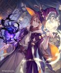  1boy bangs belt blue_eyes brown_hair floating floating_object hair_between_eyes hat highres indoors lee_hyeseung magic male_focus official_art robe shadowverse solo wizard wizard_hat 