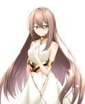  1girl absurdres adele_(fate) armlet bangs bare_shoulders blush breasts brown_hair closed_mouth collarbone dress fate/grand_order fate_(series) green_eyes hair_between_eyes hand_on_own_chest highres long_hair looking_at_viewer medium_breasts rina_sukareltuto simple_background smile solo white_background white_dress 