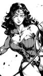  1girl bare_shoulders bracer breasts cowboy_shot greyscale headband highres holding large_breasts lasso lasso_of_truth leotard looking_at_viewer medium_hair monochrome parted_lips ruukii_drift simple_background smile solo standing toned white_background wonder_woman wonder_woman_(series) 