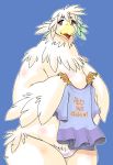  absurd_res arm_tuft avian beak bird blue_background blush body_blush clothing english_text feather_tuft feathers hi_res hip_tuft holding_clothing kemosuke monotone_beak open_beak open_mouth panties red_tongue shirt simple_background solo text tongue topwear tuft underwear white_panties 