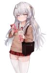  1girl aran_sweater bag bangs blue_eyes blush brown_sweater cellphone closed_mouth collared_shirt commentary_request cup disposable_cup dokomon drink drinking_straw eyebrows_visible_through_hair girls_frontline grey_hair grey_nails hair_between_eyes hair_ornament highres holding holding_cup holding_phone korean_commentary long_hair long_sleeves miniskirt nail_polish necktie phone pleated_skirt red_neckwear red_skirt ribeyrolles_1918_(girls_frontline) shirt shoulder_bag simple_background skindentation skirt sleeves_past_wrists solo sweater thighhighs very_long_hair white_background white_legwear white_shirt 