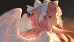  1girl angel_wings backlighting blurry blurry_background bokeh brown_background choker close-up closed_mouth dark_background depth_of_field derivative_work dress eyelashes face floating_hair hair_between_eyes hair_ribbon kaname_madoka light_particles light_smile lips long_hair looking_at_viewer looking_to_the_side mahou_shoujo_madoka_magica pink_hair ribbon say_hana shaded_face sidelocks signature simple_background solo two_side_up ultimate_madoka upper_body very_long_hair white_choker white_dress white_ribbon wings yellow_background yellow_eyes 