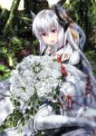  1girl absurdres alternate_costume bouquet dragon_girl dragon_horns fate/grand_order fate_(series) flower gloves grey_hair highres horns japanese_clothes kimono kiyohime_(fate/grand_order) long_hair multiple_horns outdoors partly_fingerless_gloves red_eyes sitting solo thighhighs totororo wariza white_flower white_gloves white_legwear wide_sleeves 
