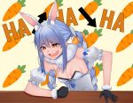  1girl animal_ear_fluff animal_ears bangs black_gloves blue_hair braid breasts bunny_ears carrot_hair_ornament cleavage clenched_hand commentary dahadekan detached_sleeves english_text eyebrows_visible_through_hair food_themed_hair_ornament fur-trimmed_gloves fur_trim gloves hair_ornament highres hololive laughing multicolored_hair open_mouth puffy_short_sleeves puffy_sleeves round_teeth scarf short_sleeves sidelocks sitting small_breasts smile solo streaked_hair table tearing_up teeth thick_eyebrows twintails twitter_username two-tone_hair upper_teeth usada_pekora virtual_youtuber white_hair white_scarf 