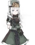  1girl bangs blue_eyes blunt_bangs character_name closed_mouth cowboy_shot dress girls_frontline gloves green_dress green_gloves green_headwear gun hat headphones highres holding holding_weapon looking_at_viewer medium_hair pp-19_(girls_frontline) rampart1028 short_sleeves simple_background solo weapon white_background white_hair 
