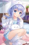  1girl angora_rabbit animal animal_slippers anko_(gochiusa) artist_name bangs bed_sheet blue_eyes blue_hair blue_shirt blue_shorts blush book bookshelf braid bunny commentary crown drawstring english_commentary eyebrows_visible_through_hair flower flower_pot gochuumon_wa_usagi_desu_ka? hair_between_eyes hair_brush hair_ornament hands_up highres hitsukuya hood hood_up hooded_jacket indoors jacket kafuu_chino long_hair long_sleeves mini_crown parted_lips pillow plant potted_plant shirt short_shorts shorts signature slippers squatting stuffed_animal stuffed_bunny stuffed_toy tippy_(gochiusa) twin_braids very_long_hair white_flower white_footwear white_jacket white_legwear x_hair_ornament 