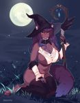  2016 anthro big_breasts breasts clothing domestic_cat felid feline felis female grass hair hat headgear headwear kneeling legwear looking_at_viewer magic_user mammal moon navel night outside pawpads purple_hair slightly_chubby smile solo staff star stockings tesomu witch witch_hat 