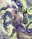  1boy brown_hair facial_hair gauntlets glowing grey_hair highres jewelry lee_hyeseung male_focus multicolored_hair necklace official_art priest red_eyes robe sash shadowverse smile solo streaked_hair 