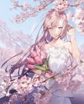  1girl ahoge bare_shoulders blue_eyes bouquet bow branch cherry_blossoms closed_mouth cowboy_shot dress flower hand_up highres holding holding_flower layered_dress long_hair looking_at_viewer misoni_comi original petals pink_flower pink_hair solo standing strapless strapless_dress tulip very_long_hair white_dress wind 