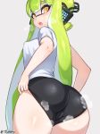  1girl ass bike_shorts breasts commentary_request from_behind green_hair grey_background inkling jtveemo long_hair looking_at_viewer looking_back medium_breasts original short_shorts shorts shorts_pull solo splatoon_(series) tentacle_hair thighs very_long_hair yellow_eyes 