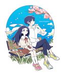  1boy 1girl bench black_hair brown_skirt cherry_blossoms copyright_name day father_and_daughter goto_hime goto_kakushi grass kakushigoto long_hair outdoors pants pink_footwear school_uniform shirt shoes sitting skirt sneakers togetsuhou white_shirt yellow_footwear 