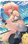  1girl absurdres armpits azur_lane bag ball bare_arms bare_legs bare_shoulders bird black_bra black_legwear blue_sky blurry blurry_background blurry_foreground bottle bra bremerton_(azur_lane) bremerton_(scorching-hot_training)_(azur_lane) chain-link_fence chick cloud crop_top crop_top_overhang day depth_of_field fence groin hair_between_eyes hair_ornament hairclip highres holding holding_ball holding_bottle long_hair looking_at_viewer manjuu_(azur_lane) midriff miniskirt mole mole_under_eye multicolored_hair navel outdoors pink_eyes pink_hair pleated_skirt shirt shoes sitting skirt sky sleeveless sleeveless_shirt sneakers socks solo sportswear streaked_hair sweatband tennis_ball tennis_uniform thighs twintails two-tone_hair underwear white_skirt x_hair_ornament yanggang 