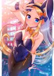  1girl abigail_williams_(fate/grand_order) akirannu animal_ears bangs black_bow black_leotard blonde_hair blue_eyes bow bowtie breasts bunny_ears bunnysuit closed_mouth covered_navel detached_collar fate/grand_order fate_(series) forehead hair_bow highleg highleg_leotard highres leotard long_hair multiple_bows orange_bow pantyhose parted_bangs small_breasts smile solo strapless strapless_leotard wrist_cuffs 
