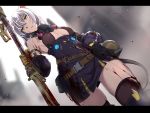  1girl animal_ears arknights blood blood_splatter breasts brown_legwear cleavage dutch_angle highres holding holding_sword holding_weapon mouse_ears mouse_tail sblack scavenger_(arknights) sideboob silver_hair small_breasts solo sword tail thighhighs weapon white_background yellow_eyes 