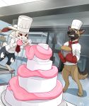  2018 anthro barefoot bodily_fluids bottomless brown_eyes cake canid canine canis chef_hat clothed clothing detailed_background domestic_dog duo facial_markings featureless_crotch food fur german_shepherd handwear hat head_markings headgear headwear herding_dog hi_res holding_object inner_ear_fluff inside kitchen lagomorph leporid looking_at_another mammal markings mittens pastoral_dog purple_eyes rabbit skeleion standing sweat sweatdrop tongue tongue_out tuft white_body white_fur 