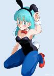  1girl animal_ears aqua_background aqua_hair arm_at_side armpits bangs bare_arms bare_shoulders black_leotard blue_eyes blue_legwear blunt_bangs blush blush_stickers bow bowtie breasts bulma bunny_ears bunny_girl bunny_tail cleavage collarbone detached_collar dragon_ball dragon_ball_(classic) eyebrows_visible_through_hair eyelashes fake_animal_ears fingernails furrowed_eyebrows hand_up high_heels highres kneeling leotard long_hair medium_breasts open_mouth pantyhose red_footwear red_neckwear saza_(gogo77_bb) shaded_face shiny shiny_hair simple_background solo straight_hair tail wide-eyed wrist_cuffs 