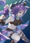  1girl aki_makoto animal_ear_fluff animal_ears bangs bare_shoulders belt blush breasts brown_belt brown_eyes chain commentary_request denim denim_shorts fur_trim highres holding large_breasts long_hair looking_at_viewer navel open_mouth princess_connect! princess_connect!_re:dive purple_hair sho_bu_1116 shorts solo tail wolf_ears wolf_girl wolf_tail 