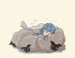  1girl barefoot blue_hair gotland_(kantai_collection) kantai_collection mole mole_under_eye otoufu pajamas sheep simple_background sleeping solo 