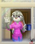  2020 4:5 absurd_res anthro bottomwear brodogz clothed clothing detailed_background disney door female fully_clothed fur glass grey_body grey_fur hi_res holding_cup holding_object inside judy_hopps lagomorph leporid mammal pants pink_nose purple_eyes rabbit shirt smile solo steam topwear window zootopia 