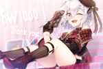  1girl ankle_boots azur_lane background_text bangs beret black_gloves boots commentary_request cross-laced_footwear english_text eyebrows_visible_through_hair gloves hair_between_eyes hat heart high_heel_boots high_heels lace-up_boots looking_at_viewer maple_may-gumi open_mouth purple_eyes short_hair shorts silver_hair sleeveless solo thank_you valentine white_hair z1_leberecht_maass_(azur_lane) 