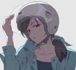  1girl bangs black_eyes black_shirt brown_hair green_jacket hair_over_shoulder helmet highres jacket looking_at_viewer original ponytail shirt simple_background solo swept_bangs tennohi upper_body white_background 