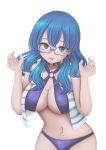  1girl absurdres aqua_hair bikini black_choker blue-framed_eyewear blue_bikini blue_eyes blue_hair blue_hoodie breasts choker cleavage commission commissioner_upload crescent cross cross_necklace eyebrows fangs freckles glasses hair_between_eyes halter_top halterneck heart heart_choker highres hood hoodie jewelry kirimatsu large_breasts long_hair messy_hair multicolored_hair multicolored_hoodie navel navel_piercing necklace o-ring o-ring_bikini o-ring_top original parted_lips piercing rectangular_eyewear sleeveless sleeveless_hoodie smile solo striped_hoodie swimsuit tongue tongue_out tongue_piercing transparent_background two-tone_hair upper_teeth wavy_hair white_hoodie 