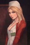  1girl blonde_hair blue_eyes breasts cardigan cleavage hat highres lips lisa_garland long_hair looking_at_viewer miura-n315 nurse_cap open_cardigan open_clothes profile red_cardigan silent_hill_1 small_breasts solo upper_body 