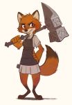  akiratan anthro apron blush canid canine clothing digitigrade dress female fox frown hammer hi_res leg_markings looking_at_viewer mammal markings socks_(marking) solo tools warhammer_(weapon) 