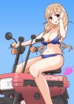  1girl arm_up blue_bra blue_panties blush bra braid breasts cloud_hair_ornament eyebrows_visible_through_hair gradient gradient_background ground_vehicle hair_ornament kantai_collection large_breasts light_brown_hair long_hair looking_at_viewer minegumo_(kantai_collection) mokerou motocompo motor_vehicle motorcycle navel open_mouth panties red_eyes sitting smile solo twin_braids underwear 